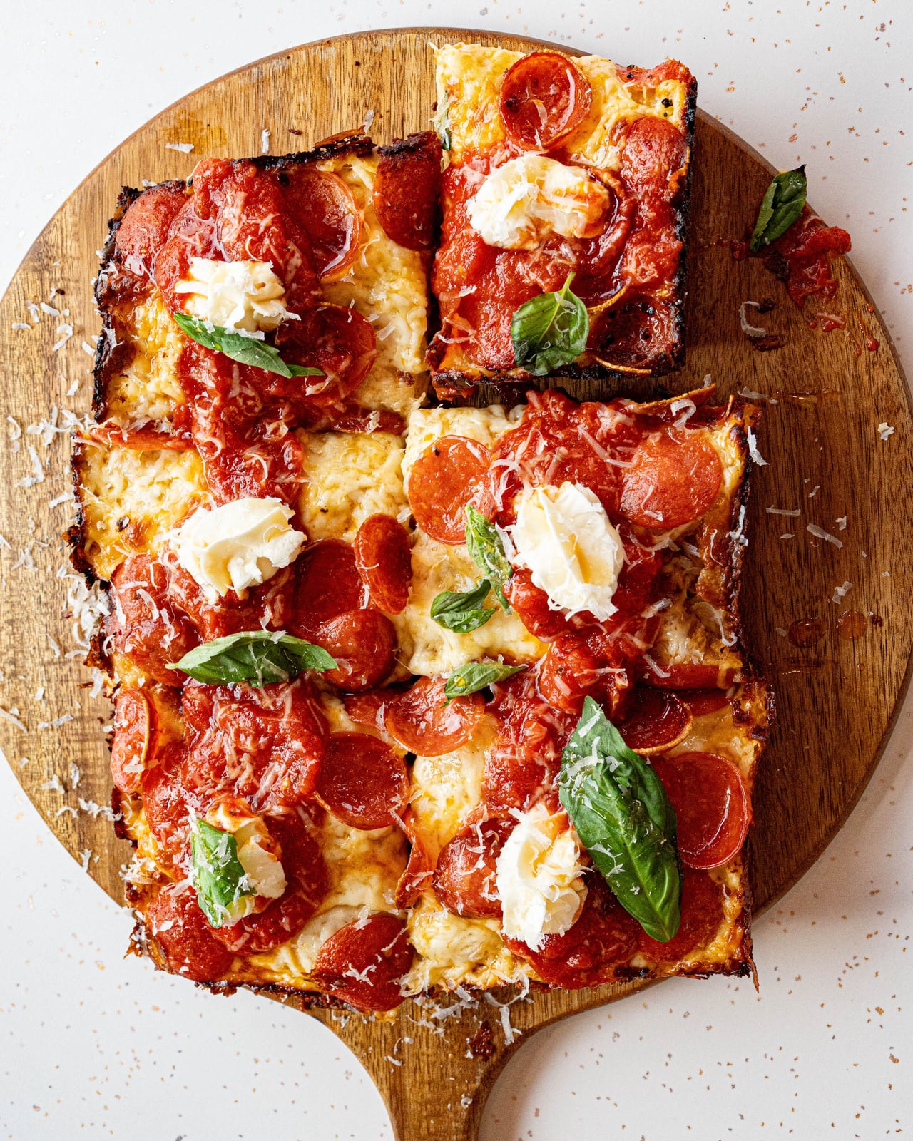 Detroit-style sourdough pizza, fresh from the pan